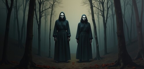 Mysterious figures in dark cloaks stand eerily under a foggy canopy of woods, evoking a haunting and suspenseful atmosphere perfect for horror themes.