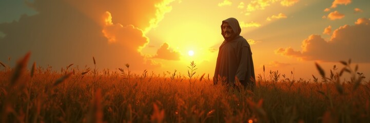 Obraz premium A serene sunset over a golden field, featuring a person in silhouette. Ideal for themes of tranquility, nature, and personal reflection.