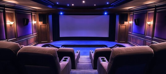 A high-tech home theater with plush seating, large screen, and immersive sound system