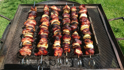 Barbeque meat, onion and sausage screwers on rack 