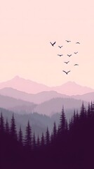 Simple minimalistic digital illustration of the mountain range with pines and crows flying in pink sky, pastel colors