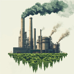 Vector art of an industrial factory with smoke stacks and greenery, representing the balance between industry and nature.