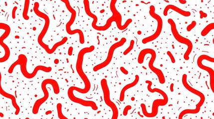 A vibrant abstract pattern featuring red wavy lines and dots on a white background, creating a playful and dynamic visual effect.