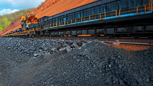 A coal transport train moves along tracks through a mining landscape, surrounded by striking red earth and workers overseeing the operation.