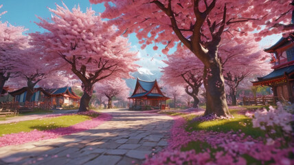 Hidden among the blossoming cherry trees, the elf village is a symphony of colors, with delicate petals swirling in the breeze and colorful ribbons adorning every corner, Generative AI