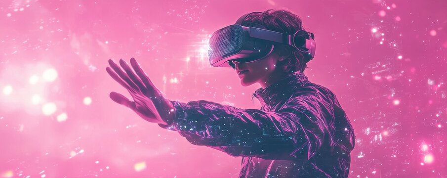 A person engaging with virtual reality wearing VR glasses in a futuristic digital environment with a vibrant pink background