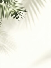 Elegant Minimalist Background Featuring White Tones and Subtle Shadows, with a Blurred Palm Leaf Silhouette in the Upper Left Corner Against a White Wall, Ideal for Various Design Uses.