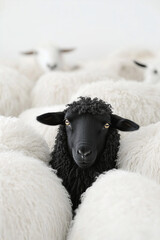 Naklejka premium One black sheep stands out from crowd of other white sheep, symbolizing success, individuality and uniqueness.