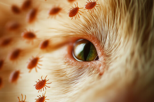 An up-close view of a pets eye showcasing the presence of ticks on its fur, illustrating a common health concern for dog and cat owners