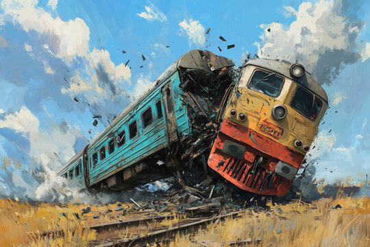 A dramatic clash of Russian and Ukrainian train carriages amidst the chaos of conflict, showcasing their collision in a desolate landscape