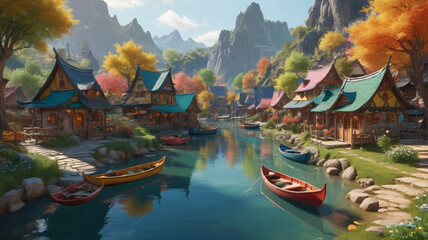 Along the winding riverbanks, the elf village is a picturesque scene of tranquility and beauty, with colorful boats bobbing on the water and laughter echoing through the air, Generative AI