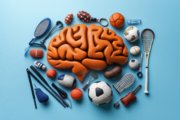 Exploring the intersection of sport psychology and athletic performance through diverse sports equipment on a vibrant background