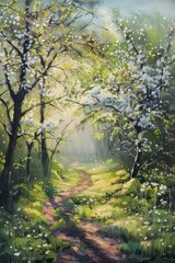 Obraz premium A serene forest path illuminated by soft light, surrounded by blooming trees and lush greenery, inviting tranquility and reflection.