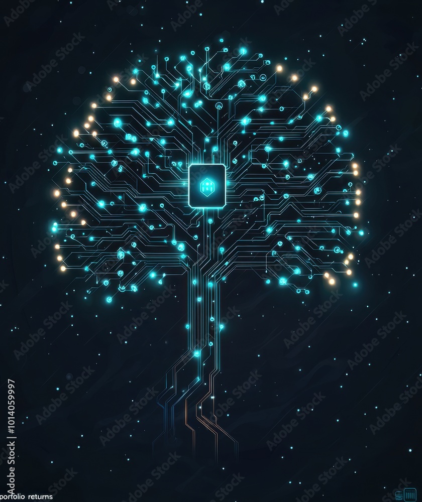 Wall mural futuristic digital tree with glowing circuit branches on dark background symbolizing technology and 