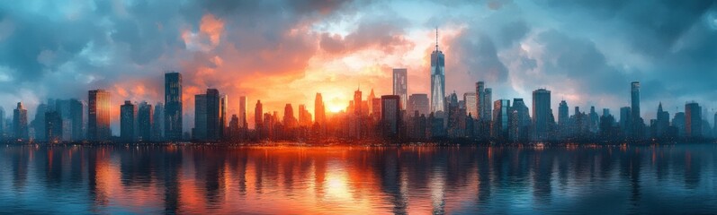 Obraz premium Sunset over a city skyline with a lake and a large body of water