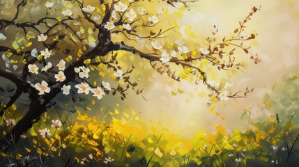 A vibrant depiction of a blossoming tree in a sunlit meadow, capturing the essence of spring and nature's beauty.