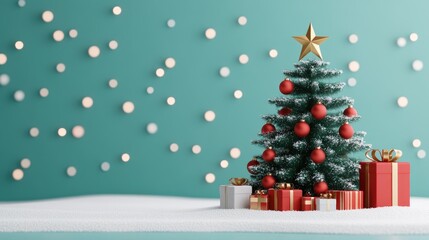 Decorated Christmas tree with presents on a light blue background.