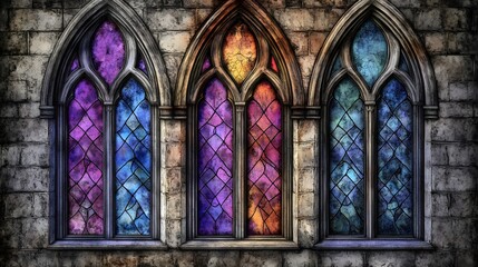 Obraz premium Stained glass windows in the Gothic style, depicted in a vintage drawing art piece