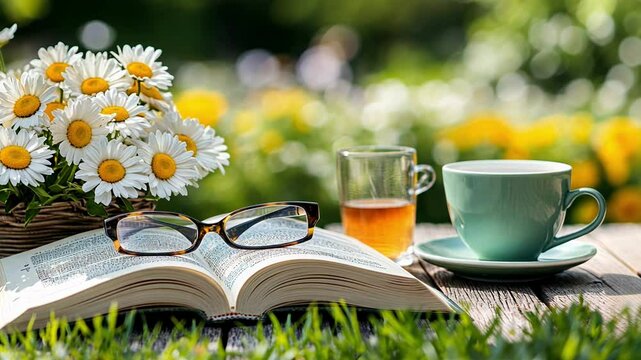 Enjoy a peaceful afternoon surrounded by flowers, sipping tea, and getting lost in a book amidst a vibrant garden atmosphere.