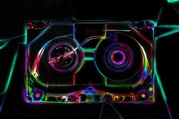 Obraz premium Neon Glow Audio Cassette Tape, Abstract fractal explosion of spectral colors in motion, creativity and imagination.