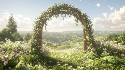 Enchanting Ray Tracing Epic Wedding Scene Concept Art with Rustic Wooden Arch and Wildflowers Against Green Hills Backdrop