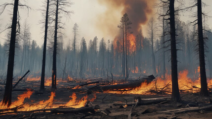 In the aftermath of the wildfire, charred trees stand as silent witnesses to the destructive power of nature's fury, Generative AI