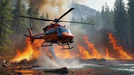 Fototapeta premium Helicopters drop water from above, desperately trying to contain the raging inferno and prevent further destruction of the forest ecosystem, Generative AI