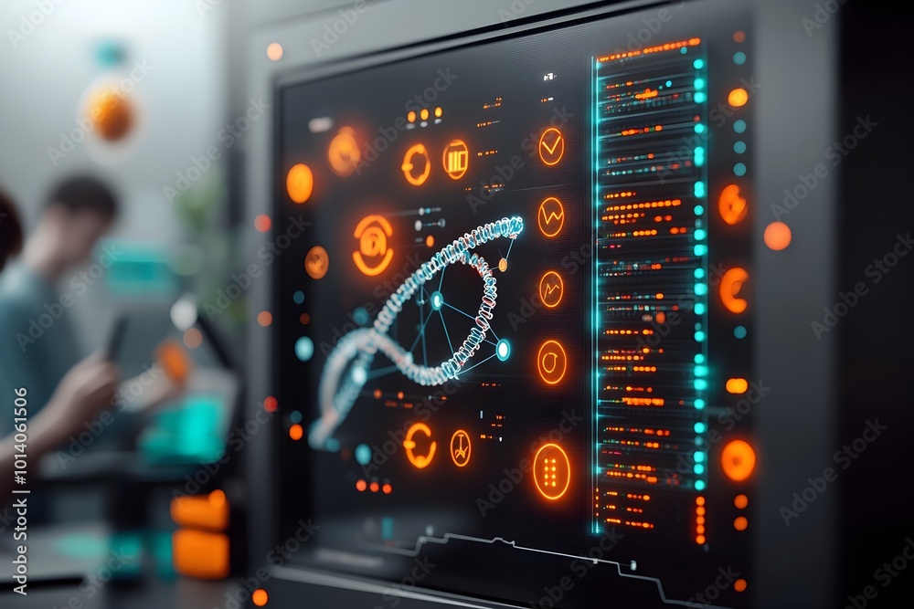 Poster towering data server racks pulsing with blockchain nodes dna strands flowing through transparent tub