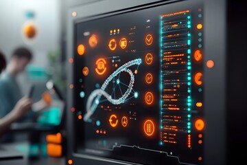 Fototapeta premium Towering data server racks pulsing with blockchain nodes DNA strands flowing through transparent tubes researchers studying touch screen monitors industrial hardware and clean lines