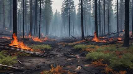 Obraz premium The forest floor smolders long after the flames have been extinguished, a haunting reminder of the devastation left behind by the wildfire, Generative AI