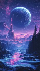 Naklejka premium A mesmerizing alien world with towering mountains and glowing forests under a strikingly large planet