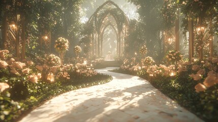 Enchanting Wedding Scene in a Romantic Garden with Flower-lined Pathway and Elegantly Decorated Altar