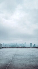 Fototapeta premium Minimalist Modern Background Featuring an Empty Concrete Floor with a Distant City Skyline and Overcast Sky, Perfect for Presentations and Promotional Material in an Urban Sophisticated Style.