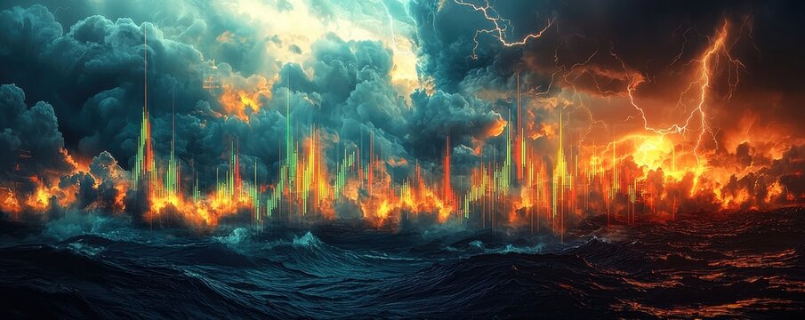 Dynamic illustration of an upward-trending graph in a stormy ocean landscape with clouds and lightning