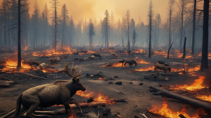 Fototapeta premium Wildlife habitats are destroyed as the wildfire tears through the forest, leaving animals displaced and struggling to survive in the charred landscape, Generative AI