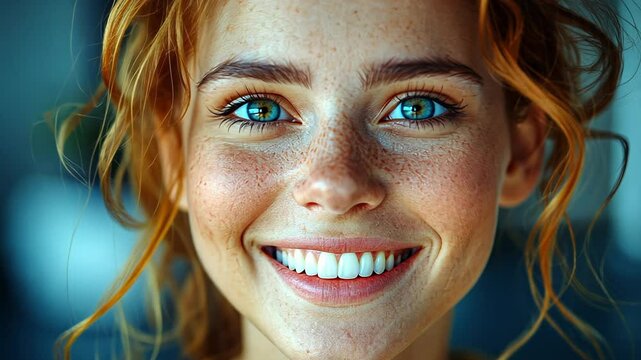 A cheerful young woman with bright blue eyes and curly red hair smiles warmly, showcasing her freckles in a cozy indoor space filled with light.