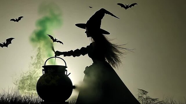 A mysterious witch stirs her cauldron in the eerie twilight, surrounded by silhouette bats and swirling green mist creating an enchanting atmosphere.