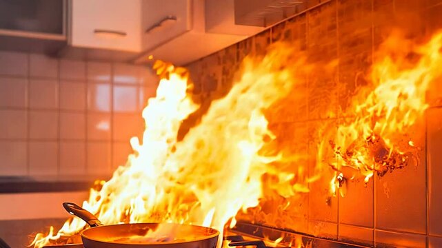A kitchen scene caught in mid-disaster shows a pot on the stove engulfed in roaring flames, indicating a dangerous fire outbreak. Modern kitchen setting with tiled walls and cabinetry. Concepts