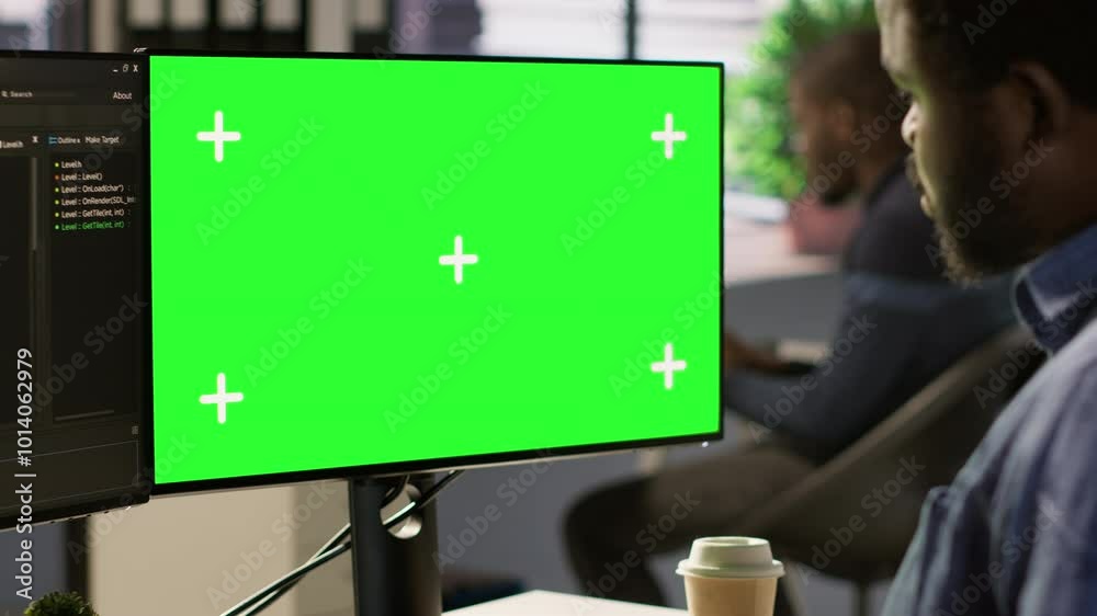 Aufkleber programmer utilizing green screen computer to train machine learning models, zoom in shot. close up 
