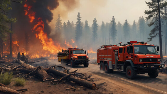 International aid is mobilized to assist in firefighting efforts, with teams from around the world coming together to combat the devastating wildfire and save the forest, Generative AI
