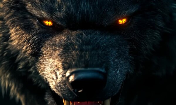 Close-up of a werewolf with glowing eyes.