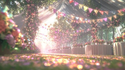 Enchanting Ray Tracing Epic Wedding Reception Scene with Colorful Bunting, Fairy Lights, and Floral Centerpieces