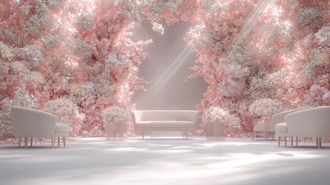 Modern Ray Tracing Wedding Fantasy: Contemporary Setup with Floral Backdrop