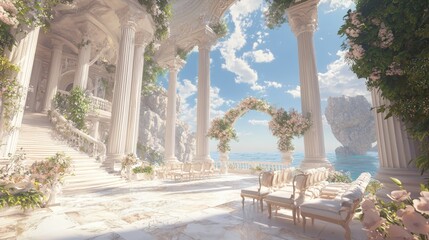 Fototapeta premium Extravagant Ray Tracing Wedding Set in a Luxurious Destination Villa Overlooking Ocean with Elegant Outdoor Seating - Concept Art Illustration