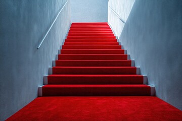 Red carpet on the stairs. Path to glory, victory and success