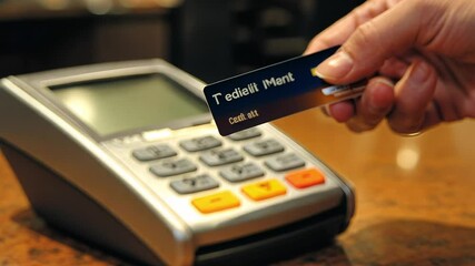 A customer is making a payment at a cafe by swiping their credit card at the point of sale terminal. The setting is busy and cheerful, typical for a morning rush.