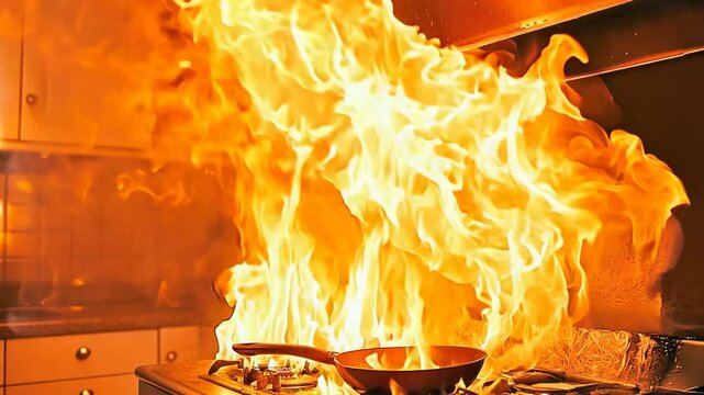 A kitchen stove catches fire, with intense flames engulfing a pan and surrounding area. The bright orange fire creates a dangerous and urgent atmosphere. The alarming scene unfolds in a residential