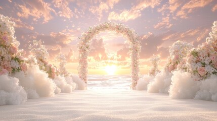 A Dreamy Ray Tracing Wedding: Tranquil Beach Scene with Floral Arch at Sunset