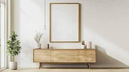 Modern Living Room Interior Featuring a Wooden Sideboard and a Blank Framed Canvas on the Wall, Showcasing a Neutral Color Palette and Minimalist Design for a Cozy Home Atmosphere.