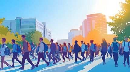 Obraz premium Students walking into a university or high school in the morning rush hour, with the campus bustling with arrivals
